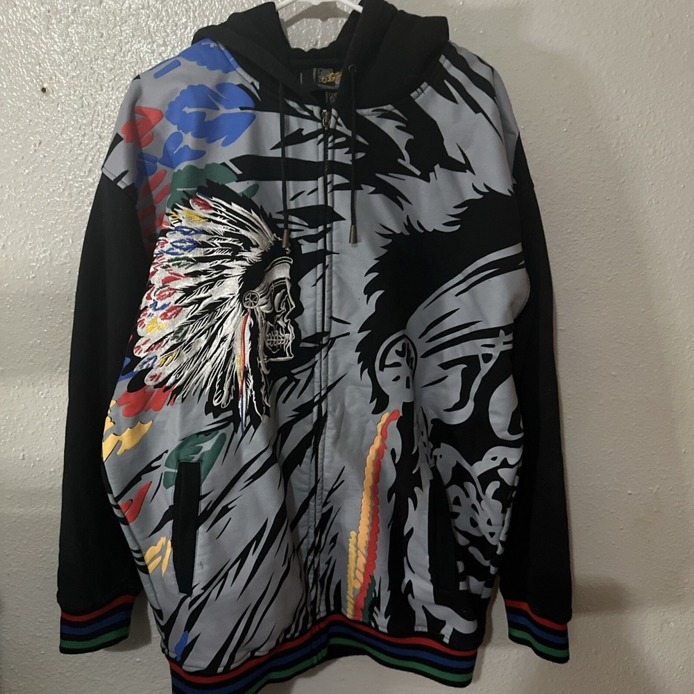 Vintage Exa‎ Unlimited Indian Head Hoodie Black Jacket Coat Y2K Boho Indie